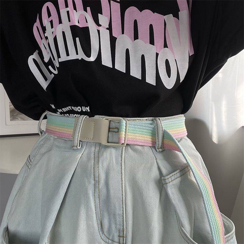 XIYUYI Colorful striped denim belt Women's versatile canvas belt with double buckle students