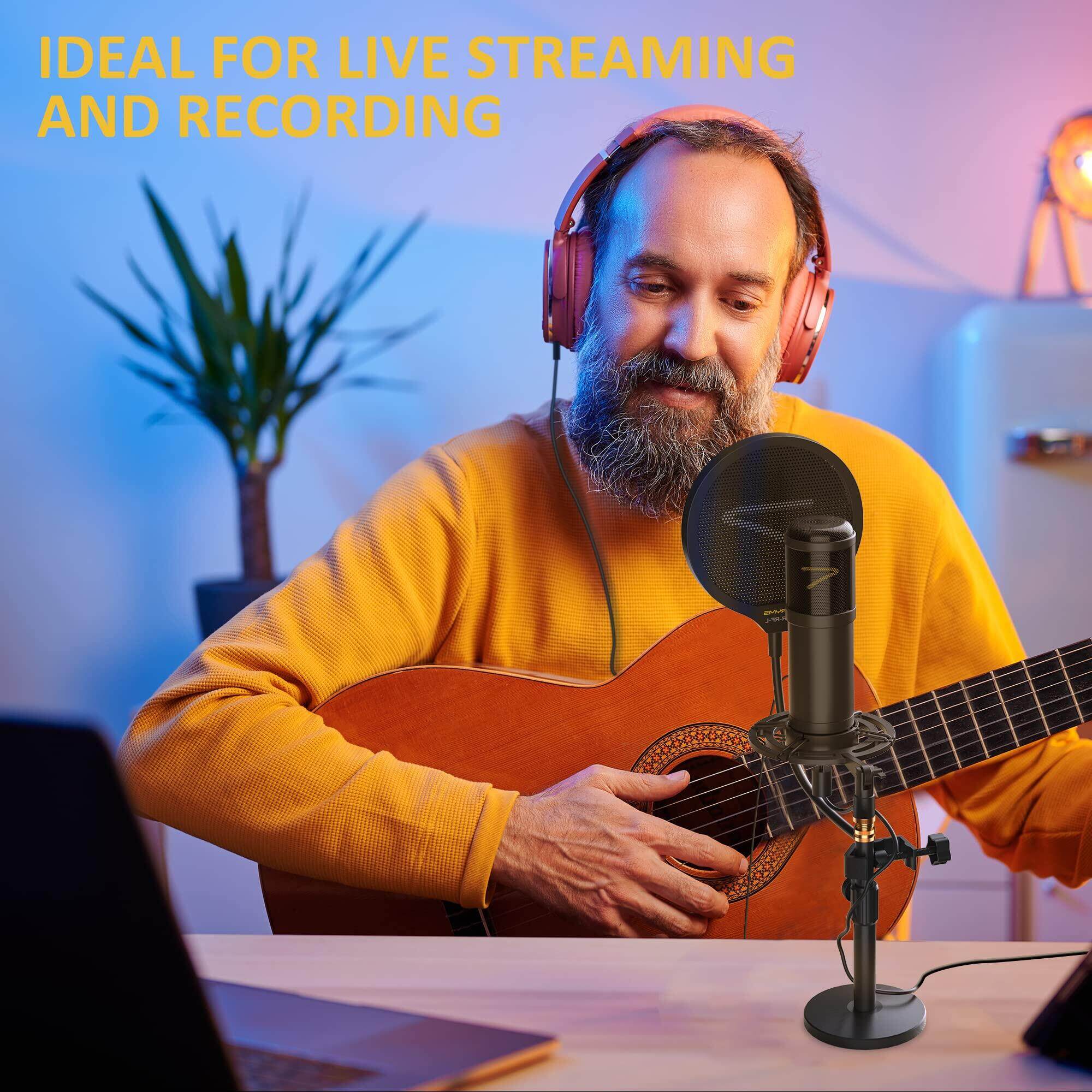 7RYMS Condenser USB Microphone SR-AU01-K2 Studio Microphone Kit with Desk Stand, Pop Filter and Real-time Monitor Gaming-Mic 192kHz/24bit Tape to Mute Microphone for PC for Streaming Podcast Recording ASMR, for Computer, Phone