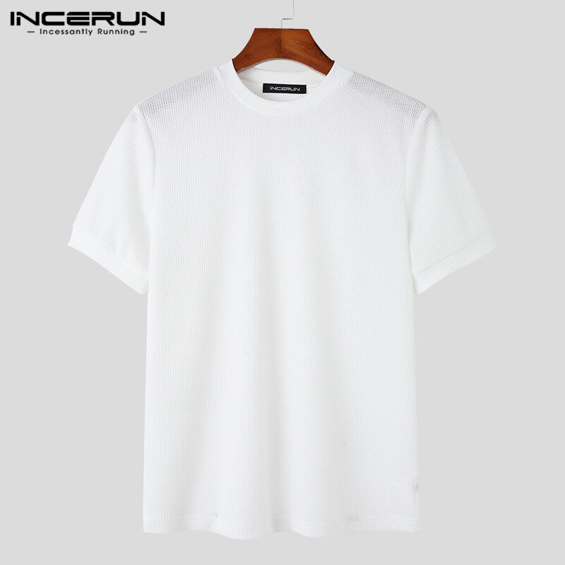 INCERUN Mens Short Sleeve Casual Knitting Lattice Plain Tops T-Shirts
