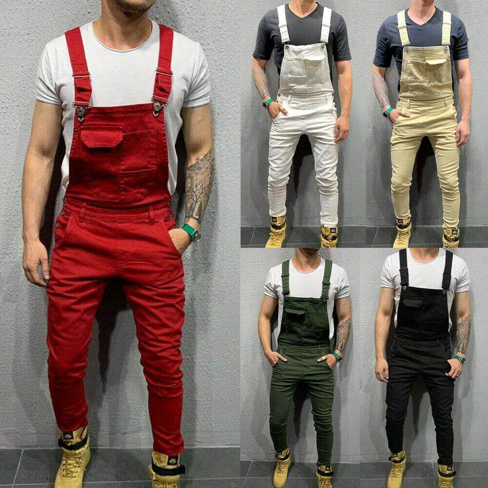 Mens Denim Bib Overalls Jumpsuits Moto Biker Jeans Pants Trousers