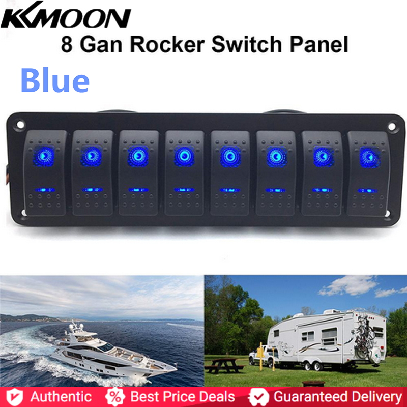 8 Gang Marine Boat Rocker Switch Panel, 12V/24V Waterproof RV LED Switch Panel for Car Truck Marine Boat, On/Off Toggle Rocker, Circuit Breaker with Blue LED Indicator