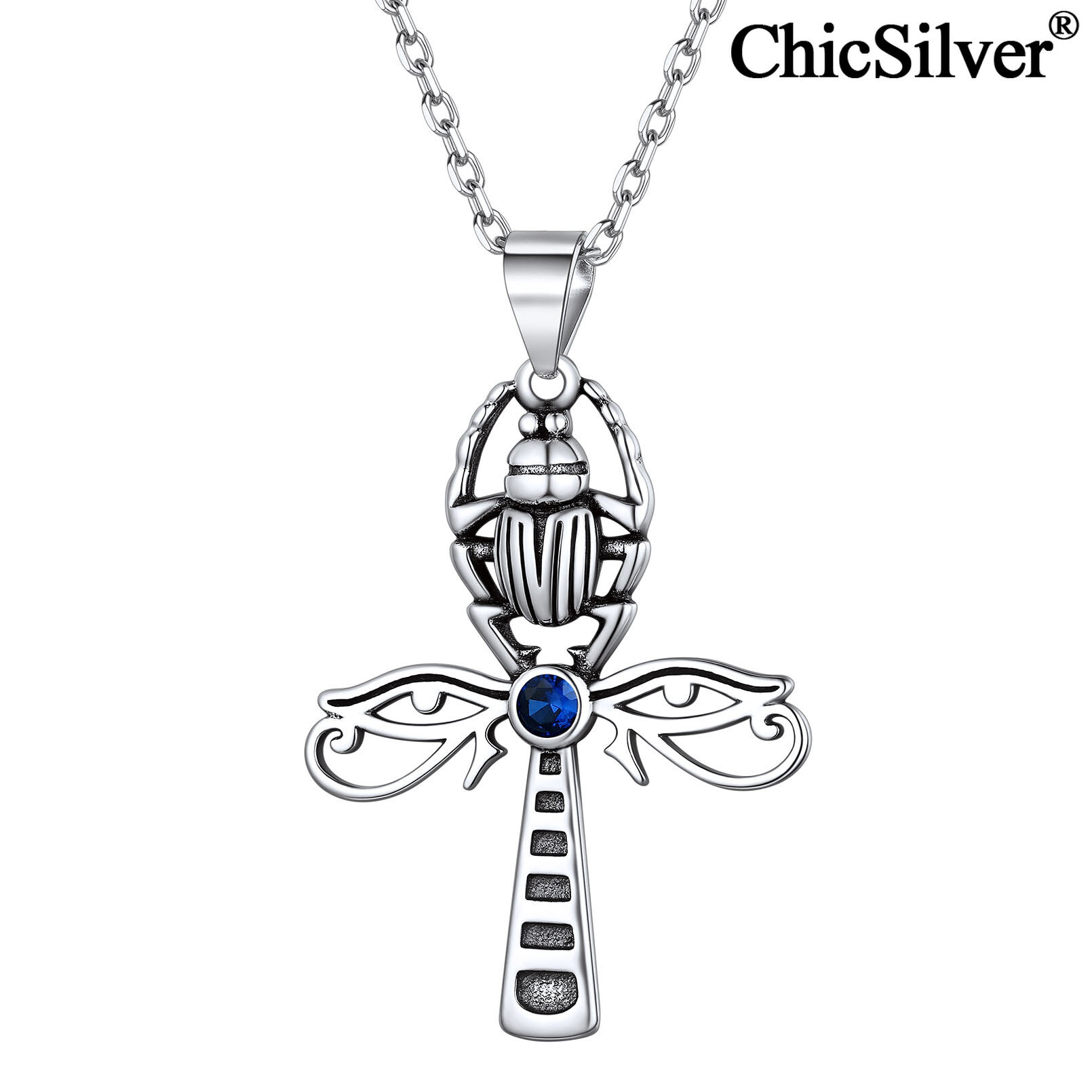 ChicSilver Unisex Ankh Cross Eye of Horus Egyptian Scarab Necklace 925 Sterling Silver Ancient Egypt Pendant Necklace for Women Men Protection Amulet Jewelry
