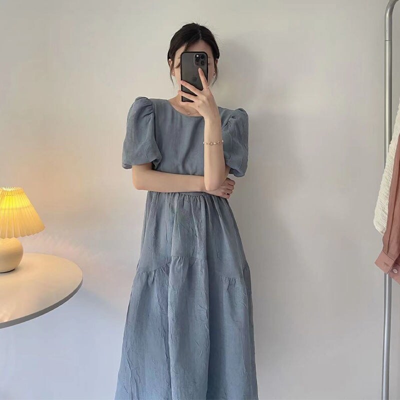 Short Sleeve Dress Women Korean Summer 2022 Bubble Sleeve Fashion Plain Elegant Pleated Casual Midi-length Dress