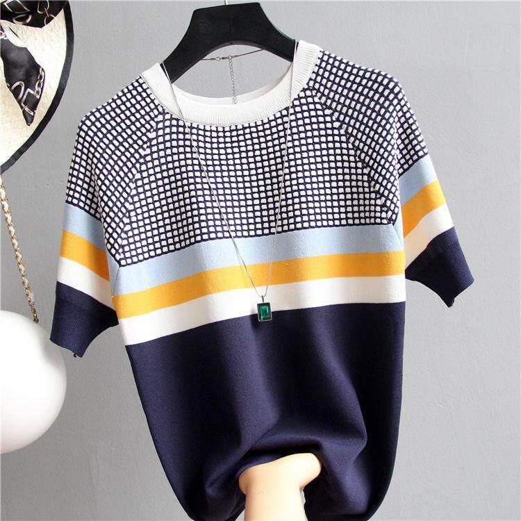 Summer Wear New Style Short Sleeve T-shirt Korean-style Thousands of Birds Contrast Color Viscose Sweater Women's Pullover Slim Fit Stitching Color
