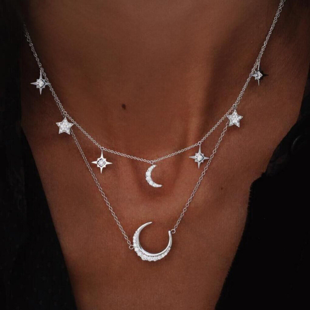 FAMSHIN ผู้หญิงหลาย Vintage Star Moon สร้อยคอคริสตัลสร้อยคอ Bohemian เครื่องประดับคอ Party ของขวัญ