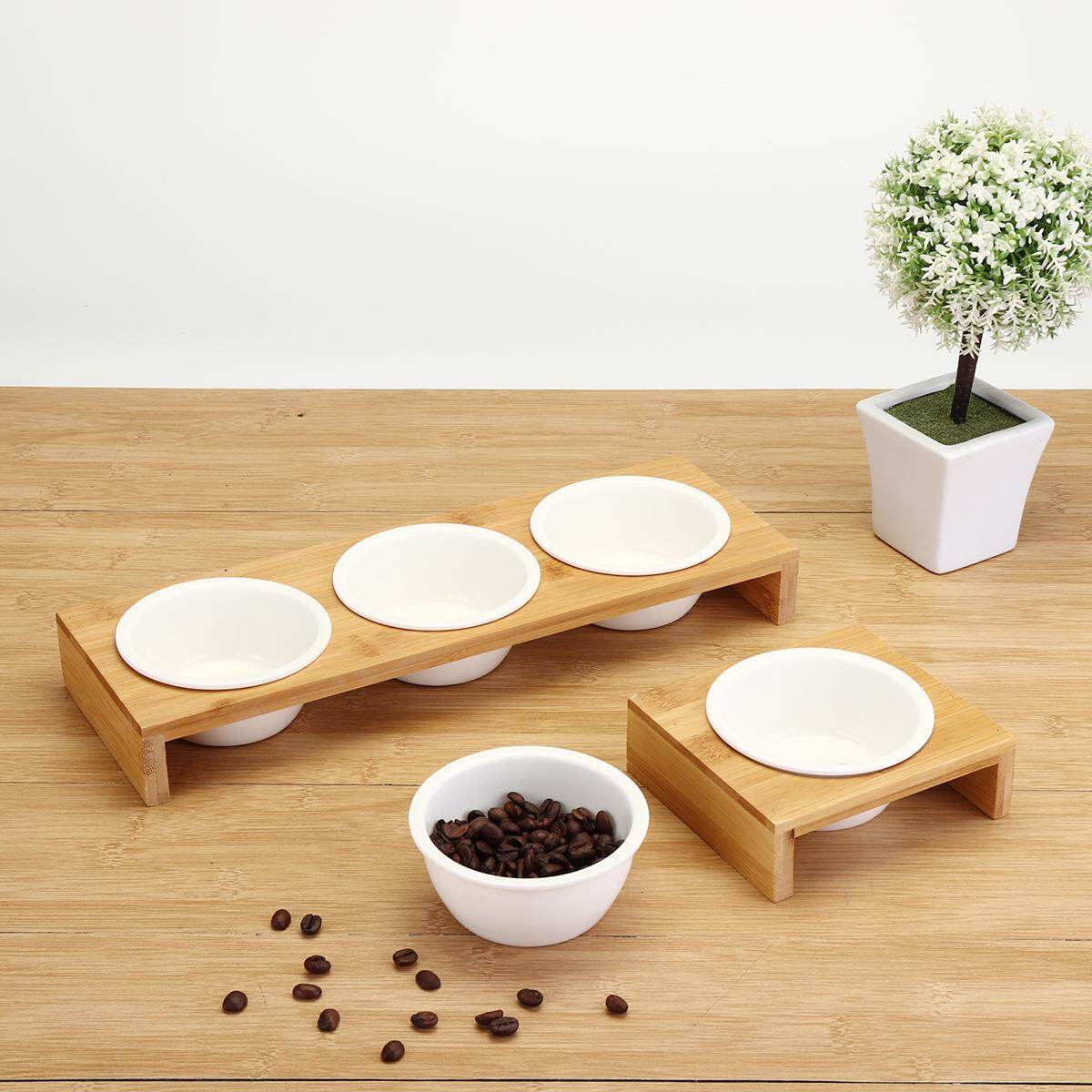 Elevated Dog And Cat Bamboo Pet Feeder Ceramic Bowl Raised Stand