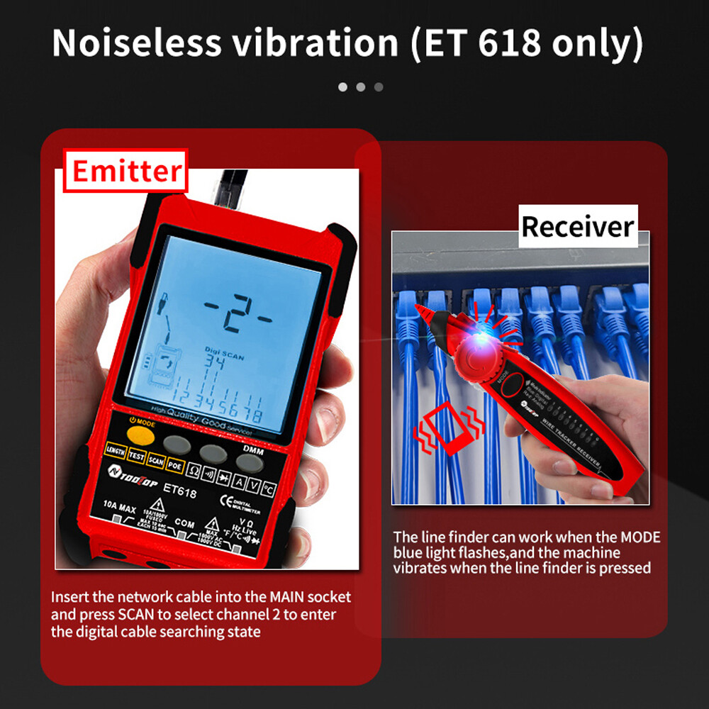Fansline- TOOLTOP ET616 Handheld Portable Cable Tester with LCD Display Analogs Digital Search POE Test Cable Pairing Sensitivity Adjustable Network Cable Length Short Open Circuit Measure Trackers Multifunctional Cable Tester