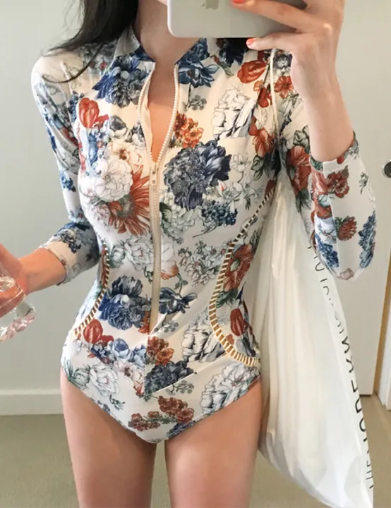 U1s1 Flower Pattern Swimsuit Women Slim One Piece Zipper Long Sleeved Sunblock Beach Swimwear 855 Lazada