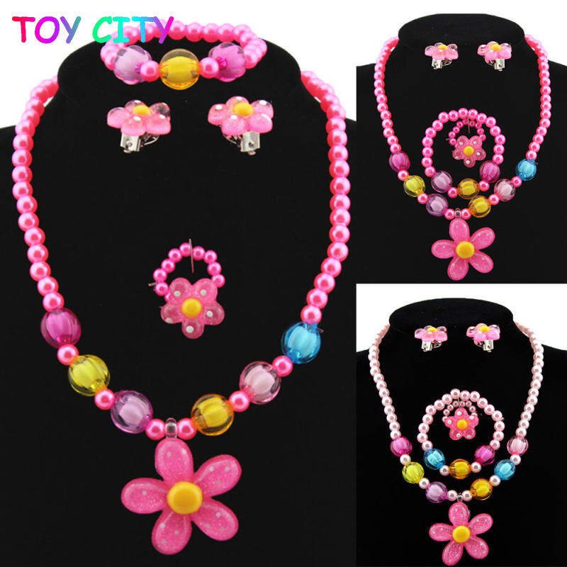 1ชุด = 4Pcs Princess Pretend ของเล่นเด็กเรซิ่นดอกไม้แหวนต่างหูเม็ดกลมคลิปหูสร้อยคอสร้อยข้อมือลูกปัดมุกเทียมเด็กชุดเครื่องประดับอุปกรณ์เสริมสำหรับหญิง