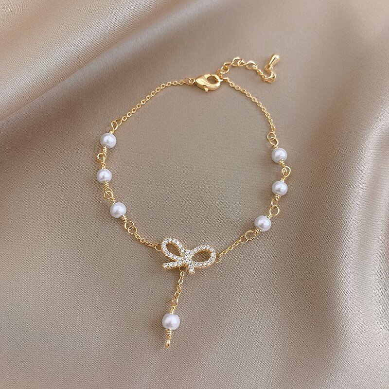 Vòng Tay Mặt Ngọc Trai Thắt Nơ Phong Cách Instagram Hàn Quốc Vòng Tay Kim Cương Giả Lấp Lánh Thanh Lịch Cho Phụ Nữ Quà Tặng Phụ Kiện Trang Sức