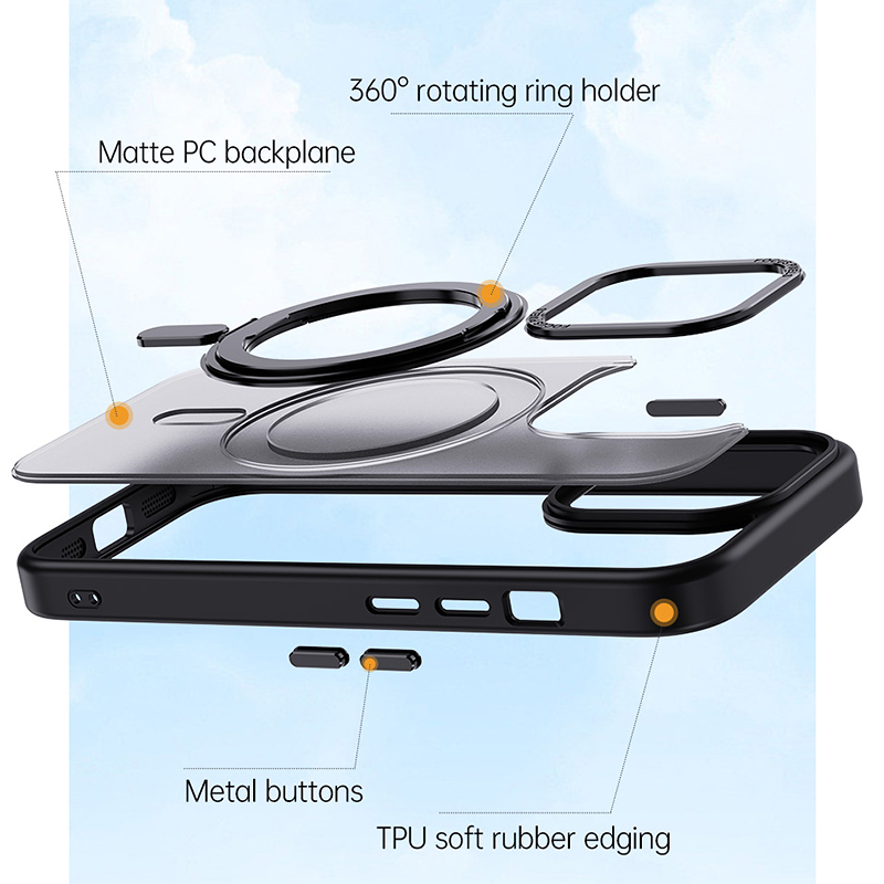 CrashStar 360° Rotatable MagSafe Ring Stand Matte Hard Shockproof Phone Case For iPhone 15 14 Pro Max Plus 13 12 11 Pro Max Wireless Charging Phone Casing Translucent Skin-friendly Phone Cover Shell