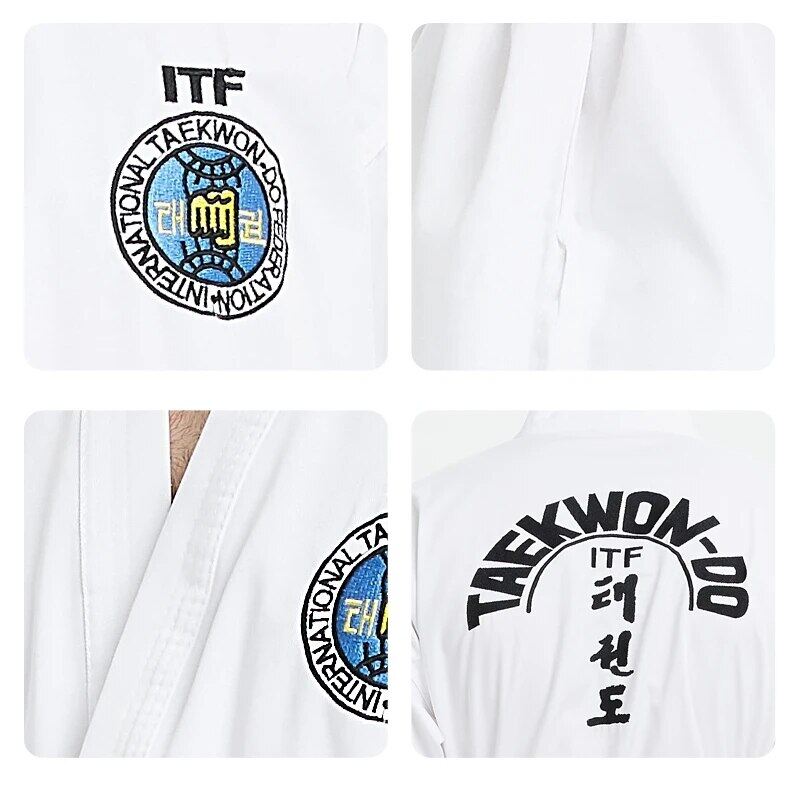 ITF Taekwondo Trọng lượng siêu nhẹ mới bắt đầu máy bay chiến đấu bộ đồng phục gi đào tạo dobok đồng phục hoa văn thêu