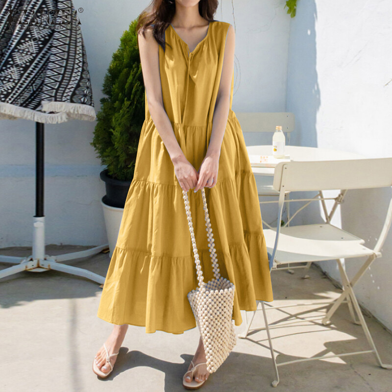 ZANZEA Korean Style Women's Bohemia Summer Swing Shirt Dress Kaftan Long Maxi T-Shirt Sundress