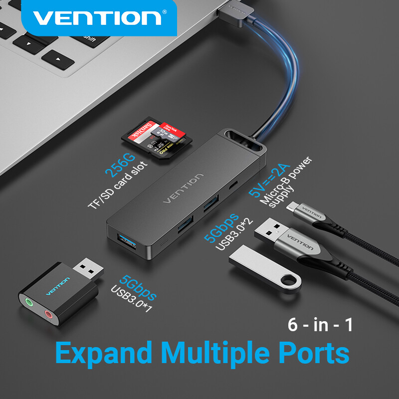 Vention USB 3.0 Hub 6 in 1 USB to USB 3.0 Micro USB TF SD Adaptor Charging Hub USB Hub Adapter With power Supply For PC Laptop Hard Drive Phone Memory Card U disk Keyboard Mouse USB 3.0 Dock Hub