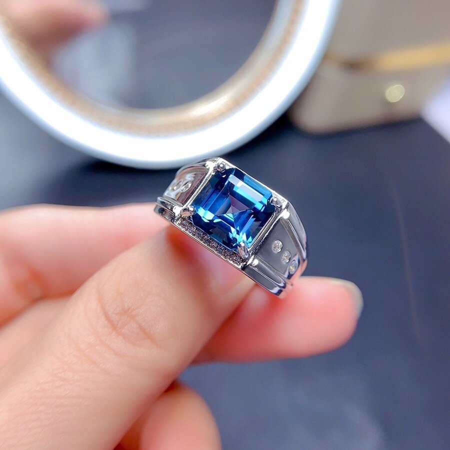 Trang Sức Thời Trang Nam Đính Đá Sapphire Ngày Sinh Tháng 9 Nhẫn Cưới Bằng Thép Titan Màu Bạc