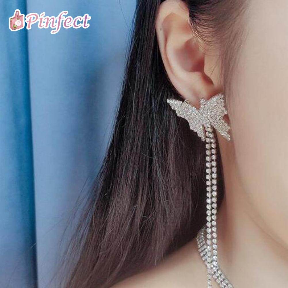 [Pinfect] Korean Blingbling Vintage Butterfly Rhinestone Dangle Earrings Elegant Women Tassel Long Drop Ear Studs Wedding Holiday Charming Jewelry Gifts