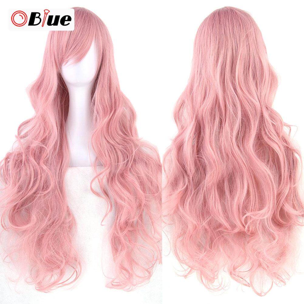 Oblue 80 Cm Wanita Rambut Palsu Panjang Keriting Serat Tahan Panas Rambut Sintetis Wanita Gadis Cosplay Wig Lengkap untuk Pesta Berwarna Merah Muda