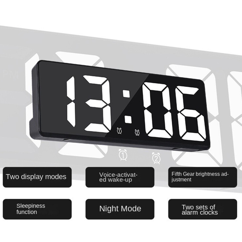 LED Mirror Large Screen Digital Clock Alarm Temperature Date Display 12/24H Anti-Disturb Multifunctional Bedroom Bedside Clock