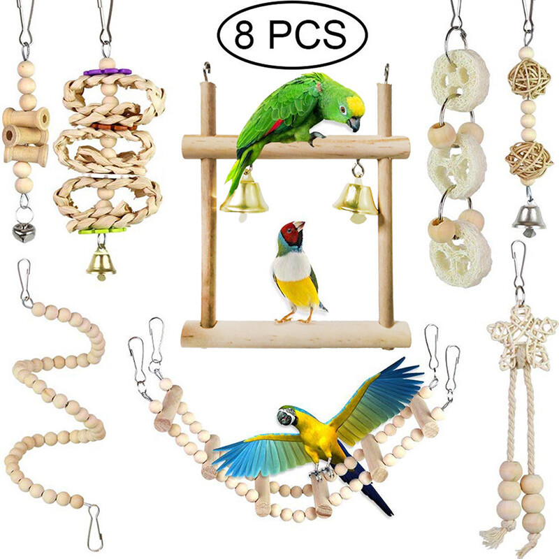 Mode Shop 8PCS Parrot Macaw Cage Chew Toys Pet Bird Swing Scratcher Bites Toy