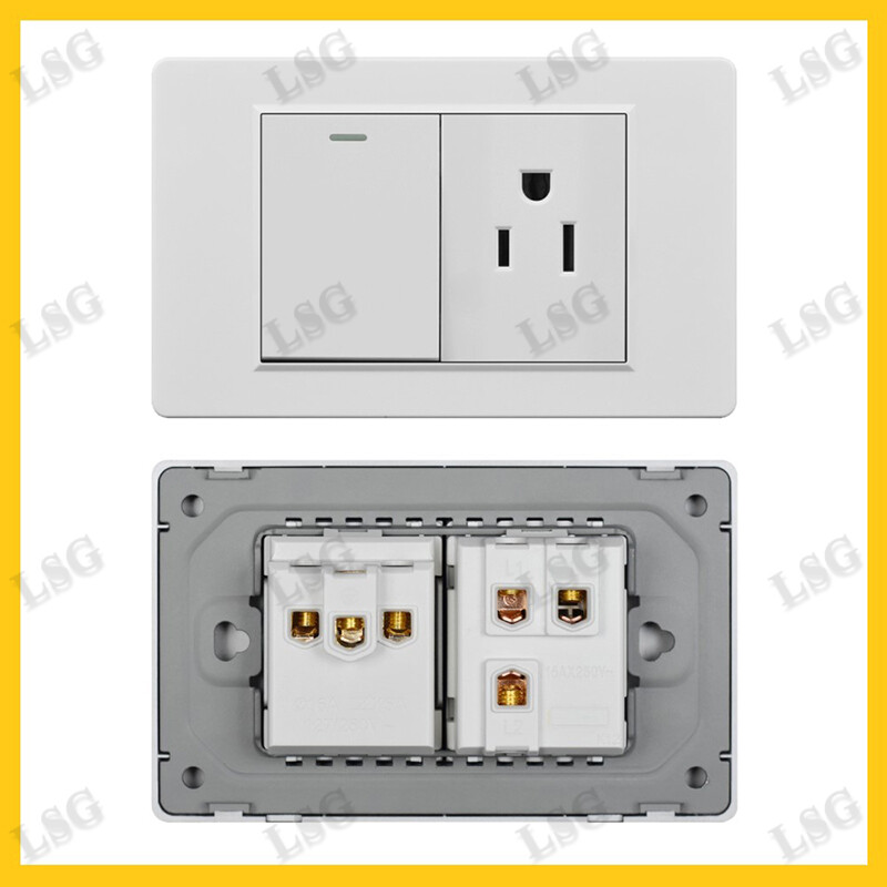 【LSG】Type 118mm wall switch outlet socket 3 pin US standard socket with 1 gang 2 way light switch Panel PC flame retardant 250V 15A Household Safety Universal outlet