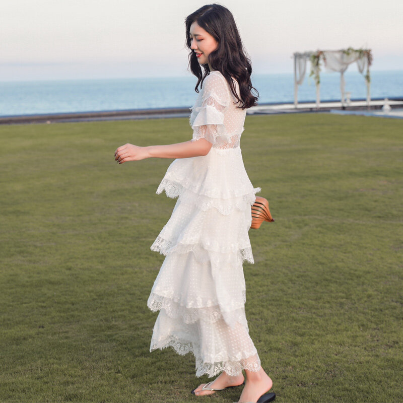 Best Quality Dress V Neck White Soft Lace Tiered Layers Party Evening