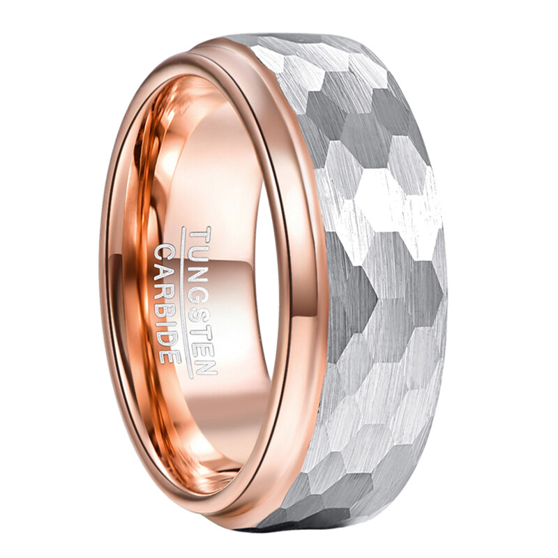 8mm Tungsten Carbide Ring Side Step Rose Gold Plating Surface Hammered Tungsten Steel Ring
