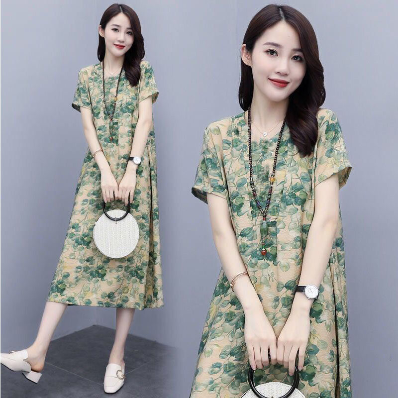 【SW】Imitated ice silk dress female Korean casual loose print retro knee-length mid-length skirt