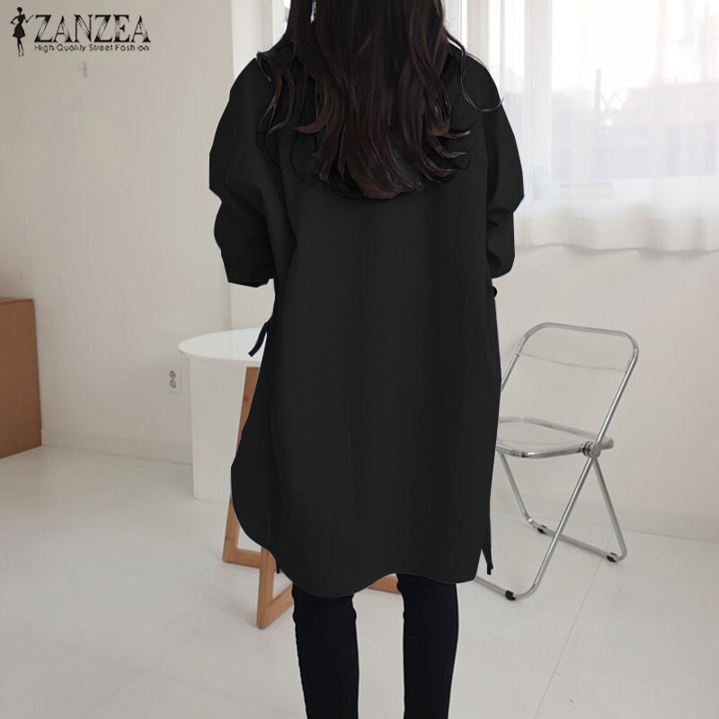 ZANZEA Áo Sơ Mi Nữ Cổ Cao Cài Khuy Dài Tay Cổ Thấp Áo Xẻ Gấu Áo Cánh