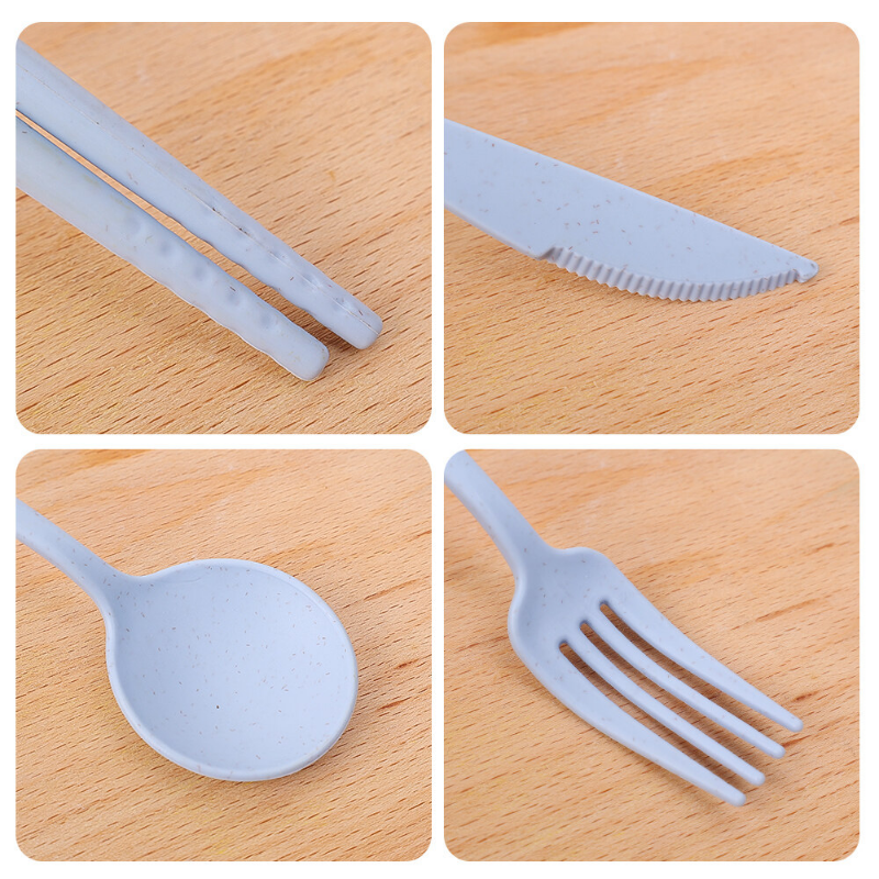 4pcs/set Cutlery Wheat Straw with Box Students Tableware Travel Portable Dinnerware Spoon Fork Chopsticks Kitchen Meal Box