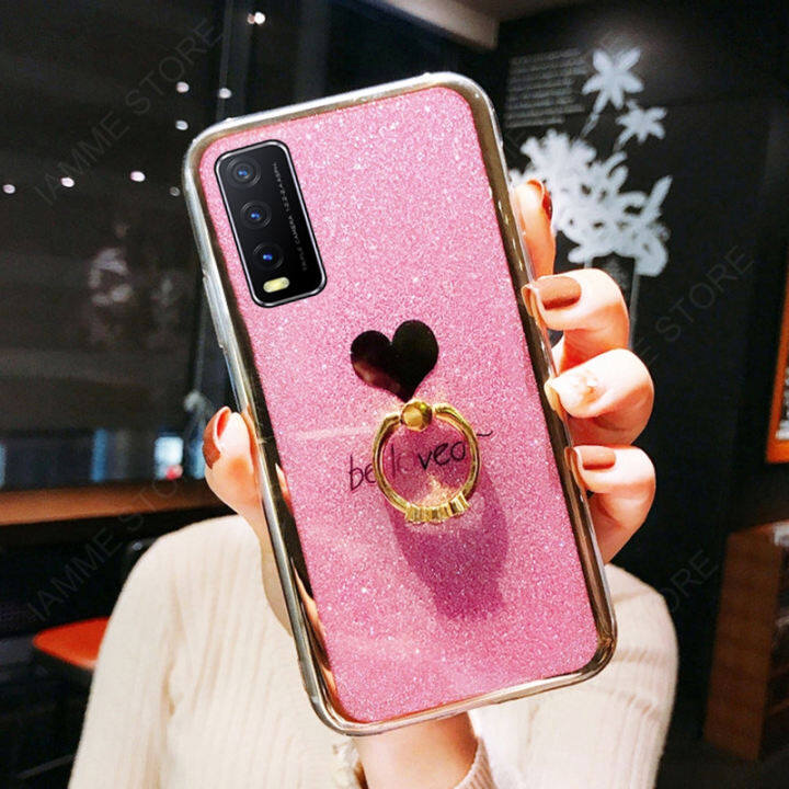 For Vivo Y20 Y20s Case With Ring Stand Holder Fashion Bling Glitter Heart Pattern Phone Cases Hard Back Cover Soft Silicone Plating Bumper Shockproof Casing Cover Women Girl Lady Lazada