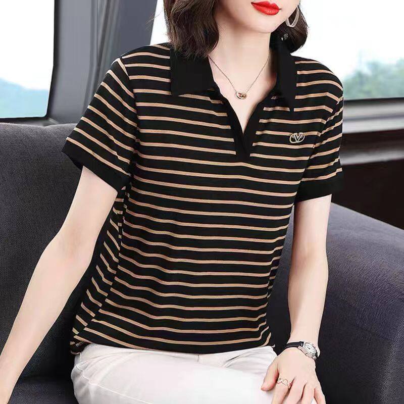 Free Shipping Middle age mother Plus Size V neck Short Sleeve Ladies Stripe T-shirt Loose Retro Fashion Versatile Lapel tees women Polo Shirt Casual