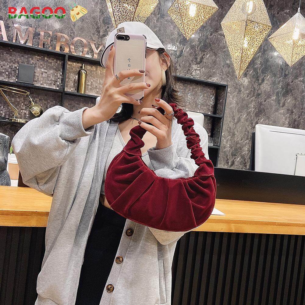 BAGOO Vintage Suede Dumpling Shaped Pleated Shoulder Handbag Totes Women Solid Color Street Top-handle bag Purse