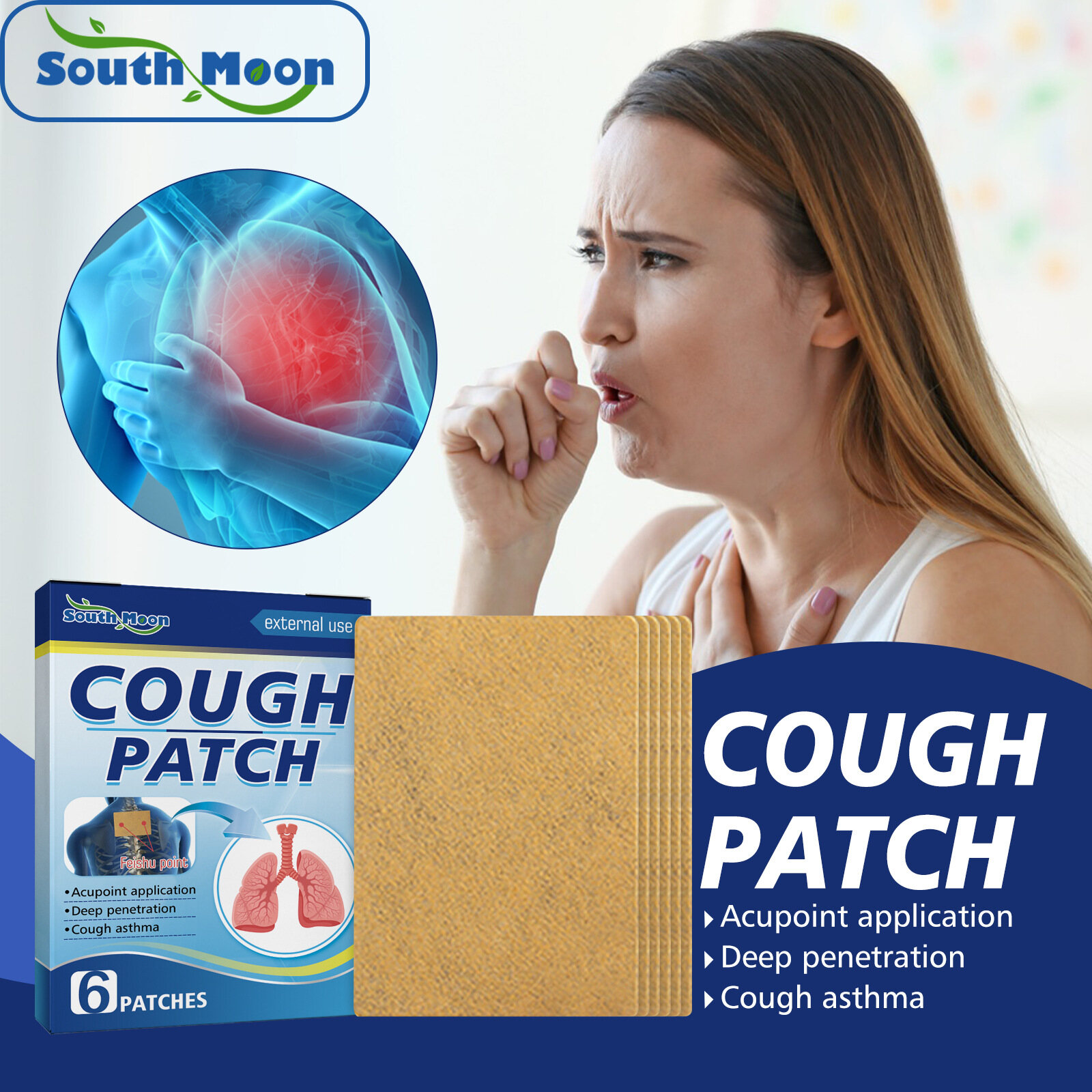 South Moon Cough Patch Herbal Respiratory Anti-cough Patch Adult Kid Plaster Cough Sticker Infant Anti-cough Sleep Well Chinese Medicine Herbs For Cough And Plaster Relieve Bronchial Pneumonia Chinese Medicine Herbs Wetness Patch（6pcs）