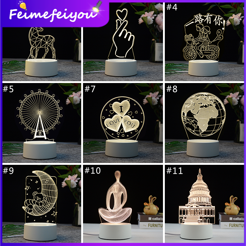Feimefeiyou LED Table Lamps/ 3D Acrylic Night Light Button switch White Base warm white lighting Multiple styles Indoor decorations USB power
