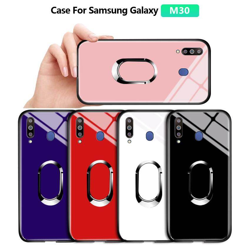 UCUC For Galaxy Samsung M10 M30 Case, Luxury Solid 360 Rotatable Ring Holder Stand Case Tempered Glass Casing Protective Phone Back Shockproof Cover