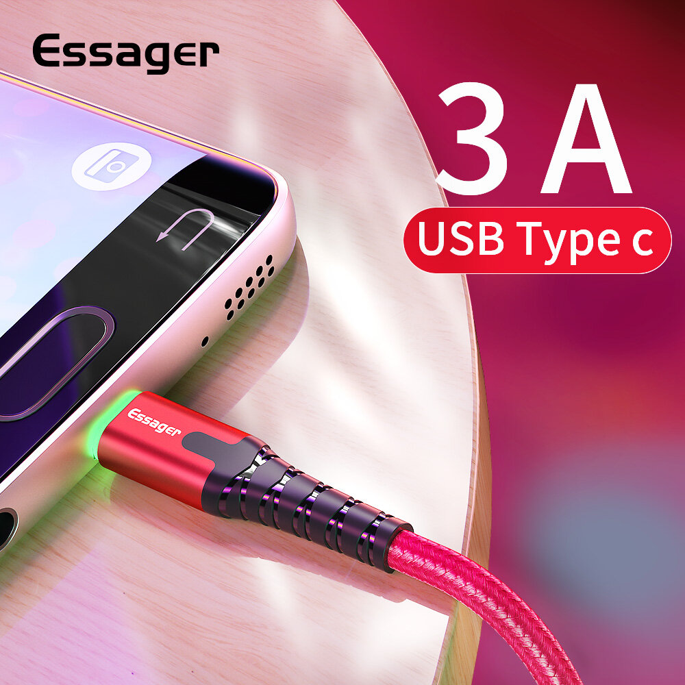 Essager Cáp USB Type-C LED Dây Dữ Liệu Sạc Nhanh Cáp Sạc USB Type-C Cho Samsung Xiaomi LG Mobile Dây Dữ Liệu Sạc 0.5M/1M/2M