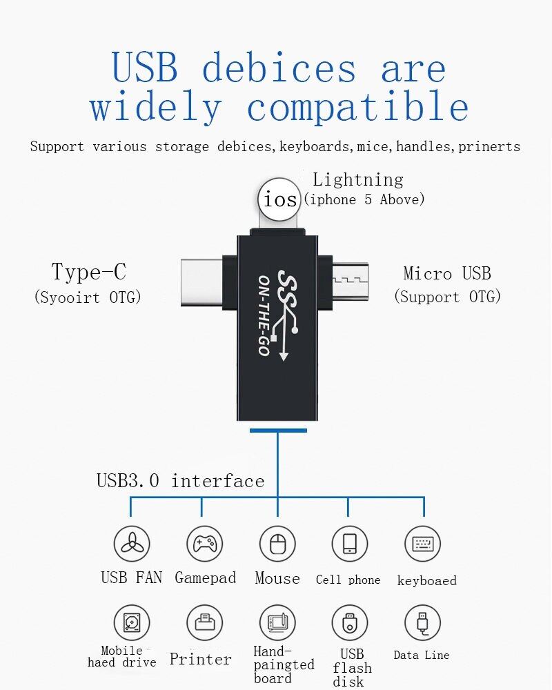 Bộ Chuyển Đổi OTG 3 Trong 1 Phích Cắm Chuyển Đổi Ánh Sáng Type C Micro Usb Sang Usb 3.0 Bộ Chuyển Đổi Truyền Dữ Liệu Android Đầu Nối Otg Type C