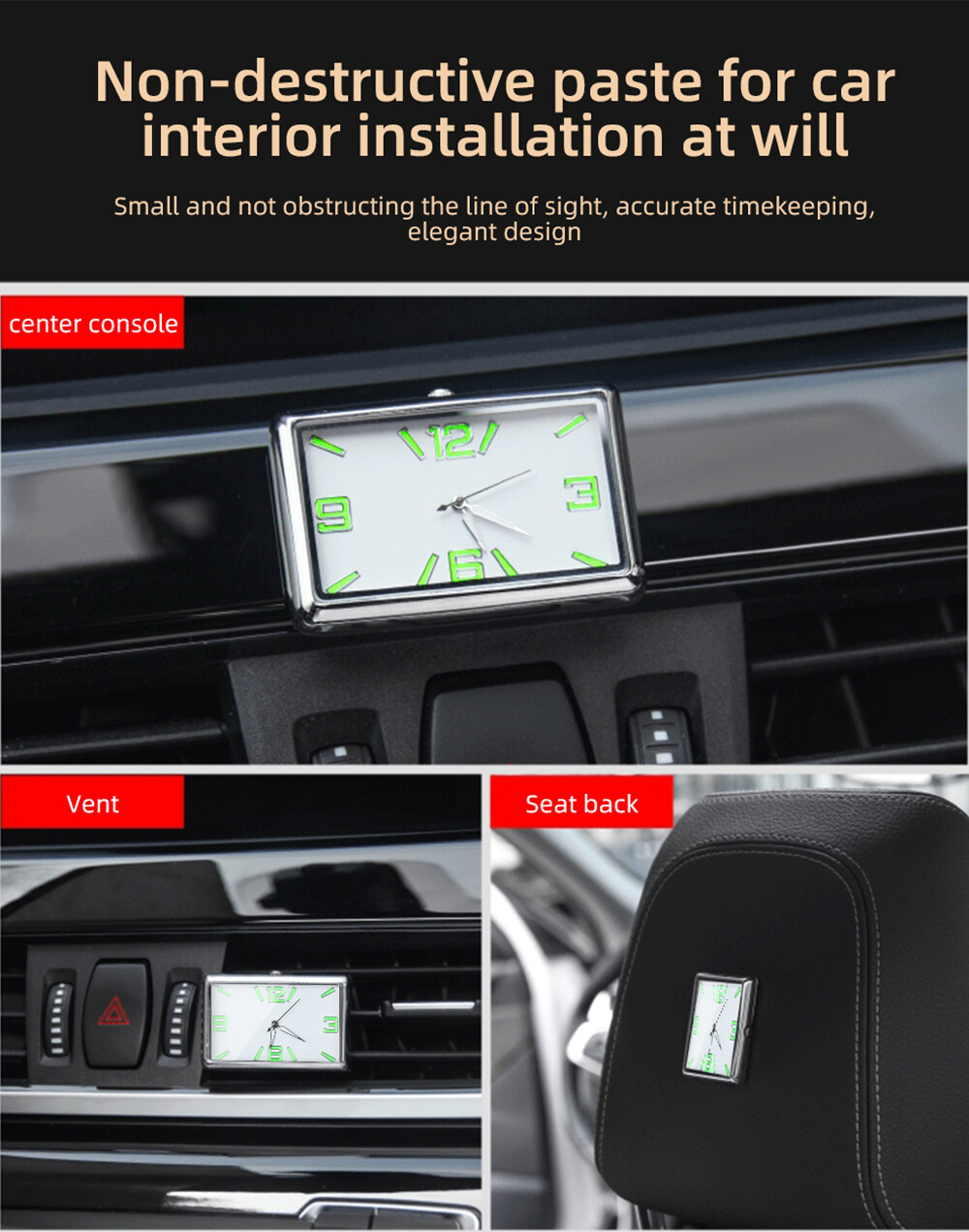 Aitemay xe đồng hồ dạ quang mạ chống sốc bằng kim loại bảng điều khiển xe hơi Air Vent Đồng hồ thạch anh với băng dính hai mặt