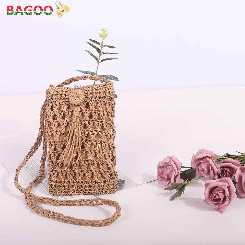 BAGOO Vintage Tassel Straw Woven Crossbody Bag Women Summer Beach Vacation Shoulder Bag Phone pouch