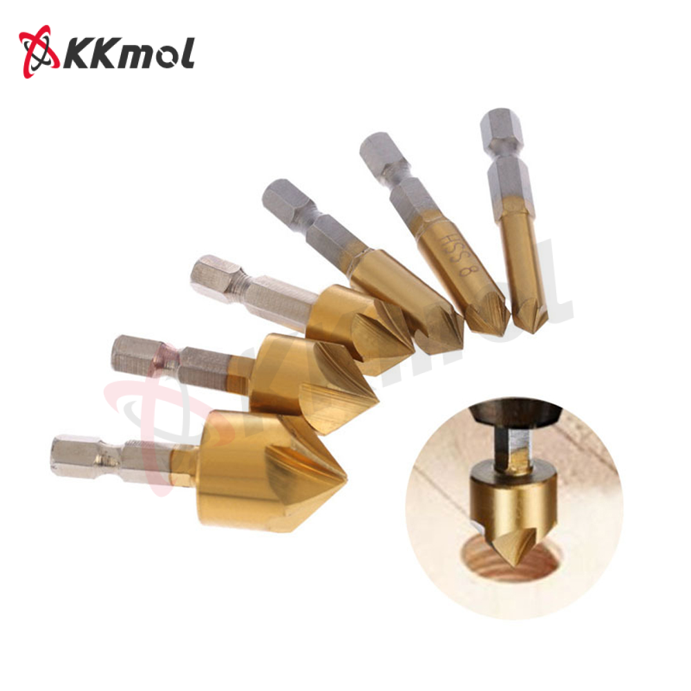 KKmol 6pcs Countersink Drill Bit Set 1/4'' Hex Shank HSS 5 Flute Countersink 90 Degree Wood Chamfering Cutter Chamfer 6mm-19mm