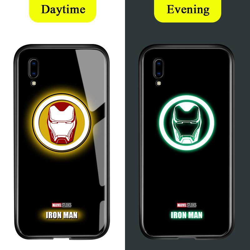 Untuk Vivo Y93 Y91C Cahaya Berseri-seri Dalam Gelap Marvel Manusia Super Avenger Logo Sarung Berkilau Ironman Spiderman Thor Kaca Antigores Kembali Casing Kover