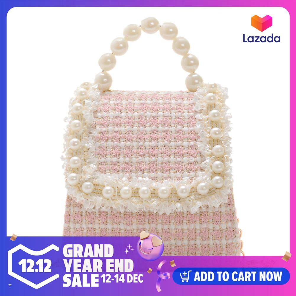 Fashion Plaid Pearl Crossbody Bags Kids Girls Gift Lovely Cotton Linen Winter Mini Shoulder Handbag