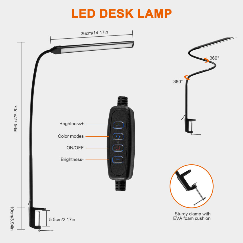 Toolour LED Desk Lamp With Clamp, Swing Arm Desk Light With Touch Control, Wide Coverage Area Table Light, Eye-Care Architect Task Lamp, 3 Modes 10 Brightness, Adaptor Powered Table Lamp For Student