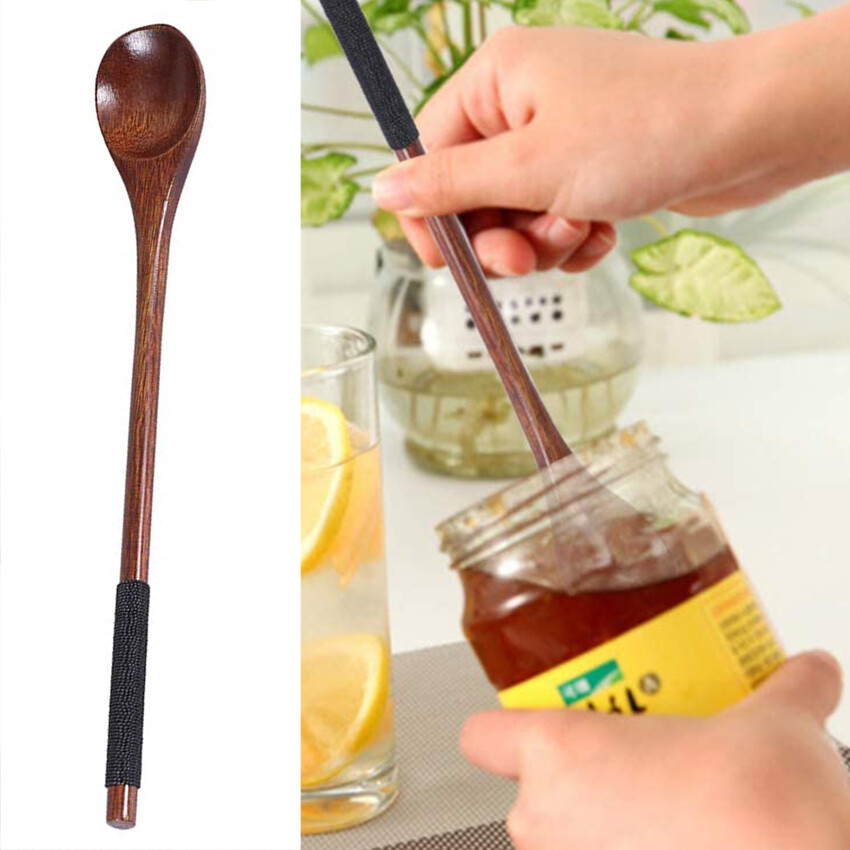 1pc Long Spoons Wooden Korean Style 20.5cm 100% Natural Wood Long Handle Round Spoons for Soup Cooking Mixing Stirr
