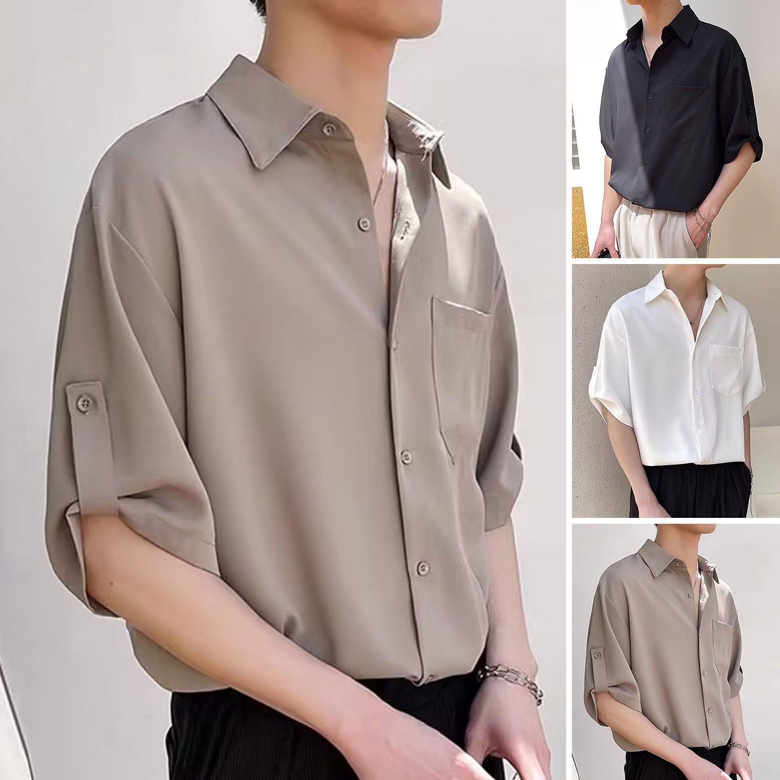 Korean Style Lapel Men Shirt Half Sleeve Single Breasted Pocket Loose Causal Solid Color Work Shirt Streetwear
