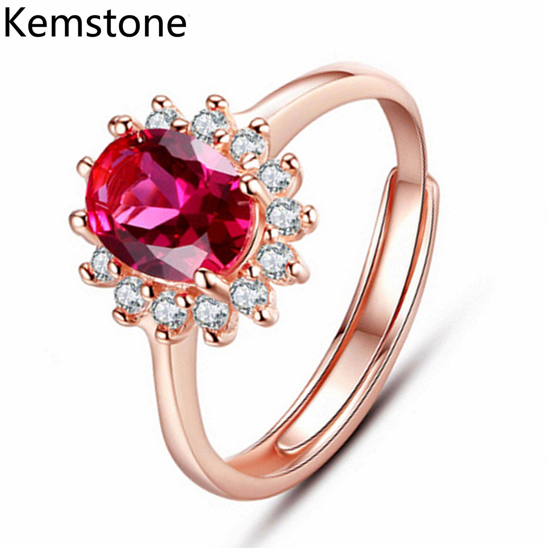 Kemstone Fashion Silver Plated Rose Gold Plated Women Rings Red Created Ruby Adjustable Rings