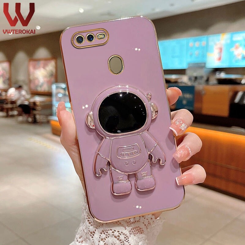 VWTEROKAI 3D spaceman Folding Stand holder Astronaut Phone Case For OPPO A71 A15 A15S A54 A16 A53 A7 A5S A12 A74 A95 A3S A31 A16K A16E A5 2020 A9 2020 A17 electroplate Soft silicone Square bracket back cover