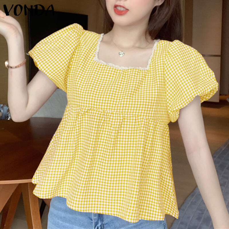 Fancystyle VONDA เสื้อลำลองทรงหลวมสำหรับผู้หญิง,เสื้อสีพื้นคอกลมแขนพอง