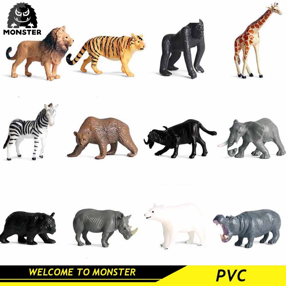 MONSTER 12PCS Terrestrial Animals Model Lion Tiger Gorilla Giraffe Zebra Brown Bear Ox Elephant Black Bear Rhinoceros Action Figures Figurine PVC Miniature Collection Toys Action Figures Educational Kids Toy Toys for Boys Toys for Girls