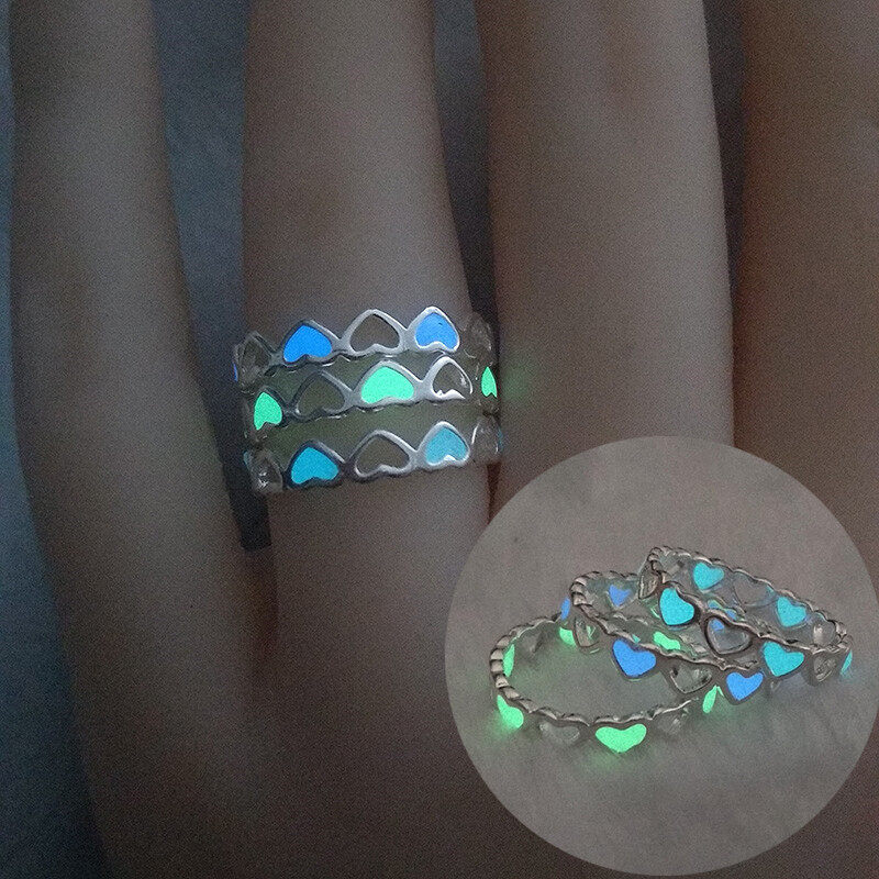 【♡Lovely girls house♡】Adjustable Simple Heart Shape Luminous Ring Glowing in Dark Silver Color Rings For Women